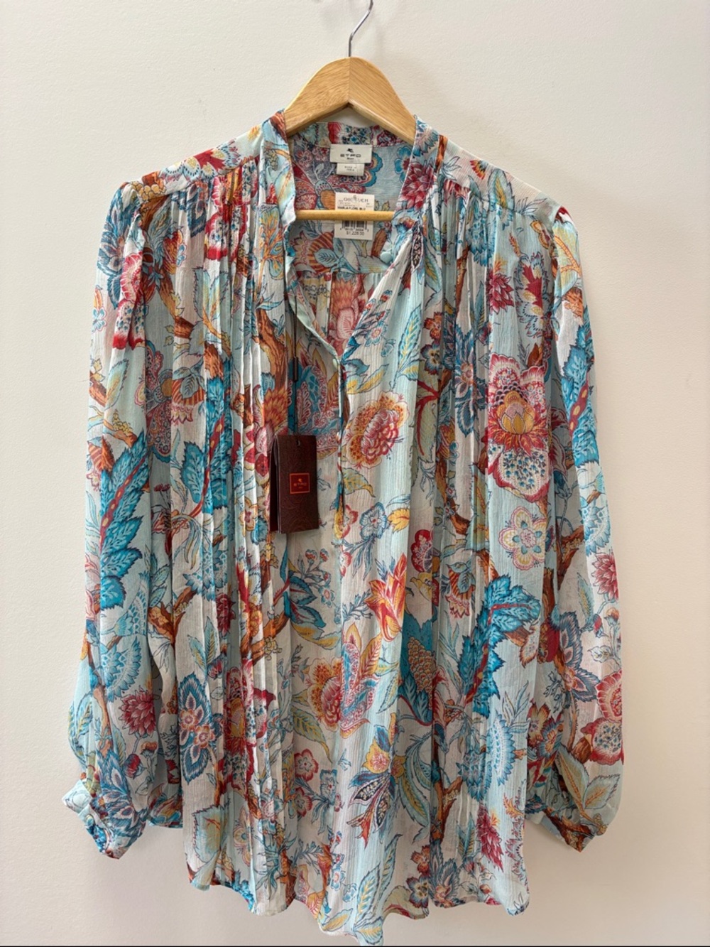 Etro Floral Pintuck Blouse in Light Blue, Teal, Rust, Pink